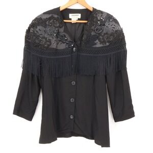 Vtg Shanna Beaded Sequin Fringe Blazer Western Boho Vegan Leather Size 44 US 10